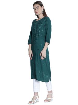 Green embroidered rayon chikankari-kurtis 3