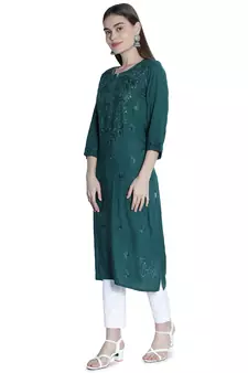 Green embroidered rayon chikankari-kurtis