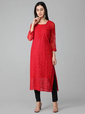 Red embroidered georgette chikankari-kurtis 1