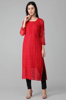 Red embroidered georgette chikankari-kurtis