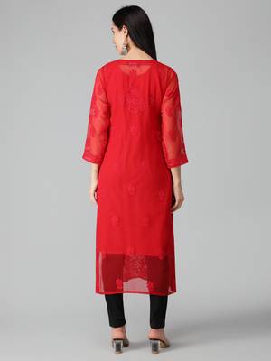 Red embroidered georgette chikankari-kurtis 2
