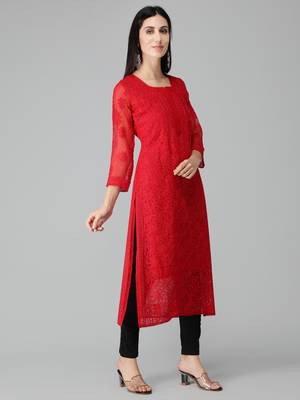 Red embroidered georgette chikankari-kurtis 3