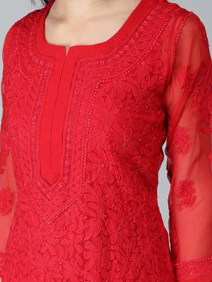 Red embroidered georgette chikankari-kurtis 4