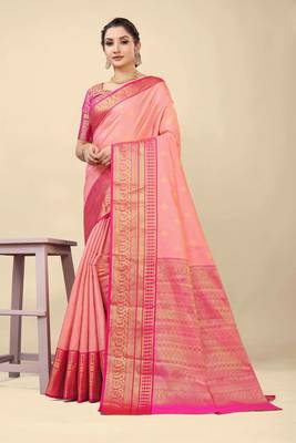 Orange woven banarasi saree with blouse 1