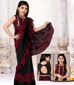 Kid's Ready to wear black colored Saree for girls with Sequin work, Brasso stitched blouse