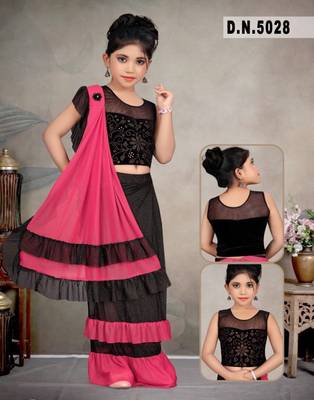 Kid's Ready to wear light rani pink colored Saree for girls with Diamond work stitched blouse 1