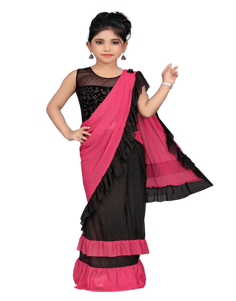 Kid's Ready to wear light rani pink colored Saree for girls with Diamond work stitched blouse
