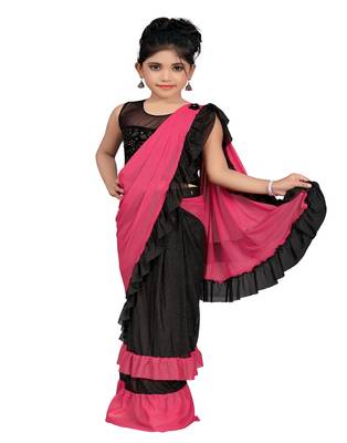 Kid's Ready to wear light rani pink colored Saree for girls with Diamond work stitched blouse 4