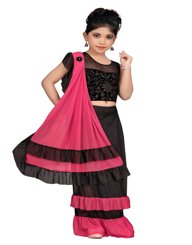 Kid's Ready to wear light rani pink colored Saree for girls with Diamond work stitched blouse
