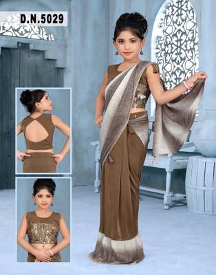 Kid's Ready to wear dark beige colored Saree for girls with Sequin work, Brasso stitched blouse 1