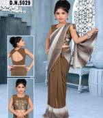 Kid's Ready to wear dark beige colored Saree for girls with Sequin work, Brasso stitched blouse