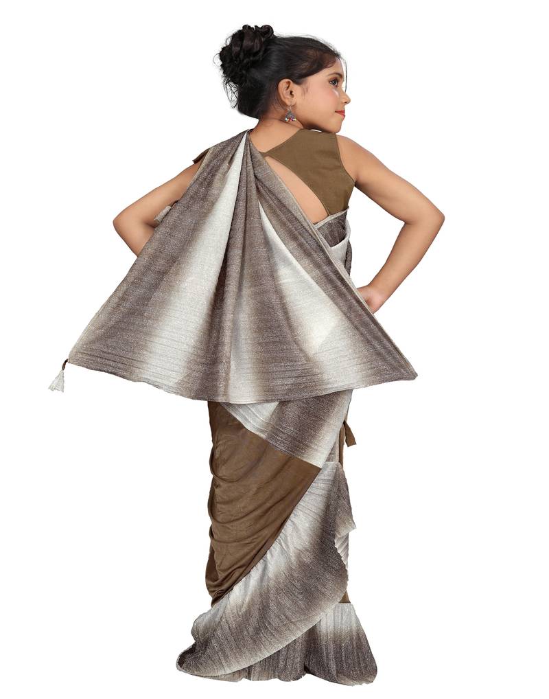 Kid's Ready to wear dark beige colored Saree for girls with Sequin work, Brasso stitched blouse