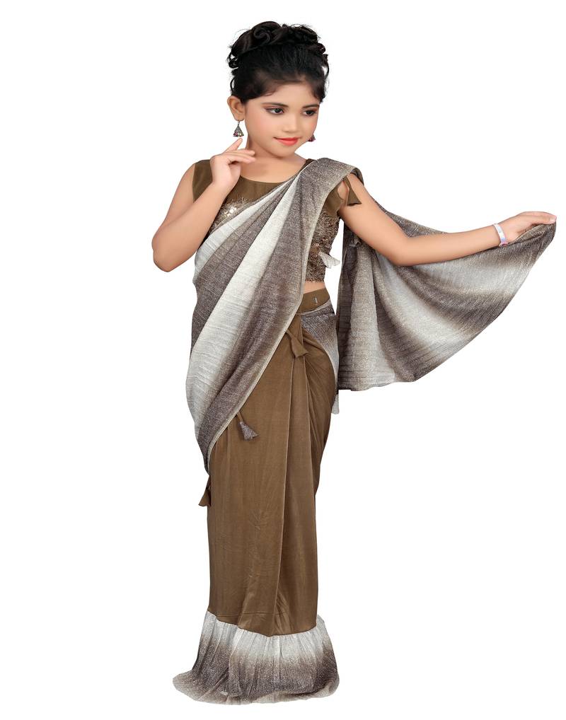 Kid's Ready to wear dark beige colored Saree for girls with Sequin work, Brasso stitched blouse