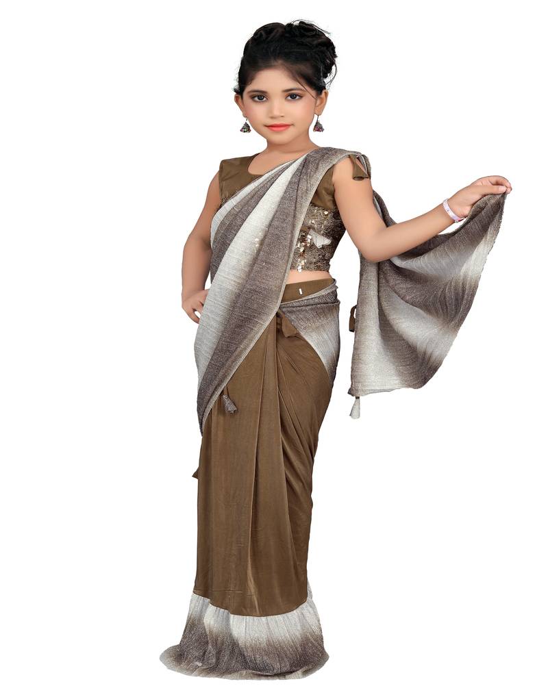 Kid's Ready to wear dark beige colored Saree for girls with Sequin work, Brasso stitched blouse