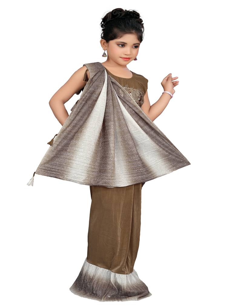 Kid's Ready to wear dark beige colored Saree for girls with Sequin work, Brasso stitched blouse