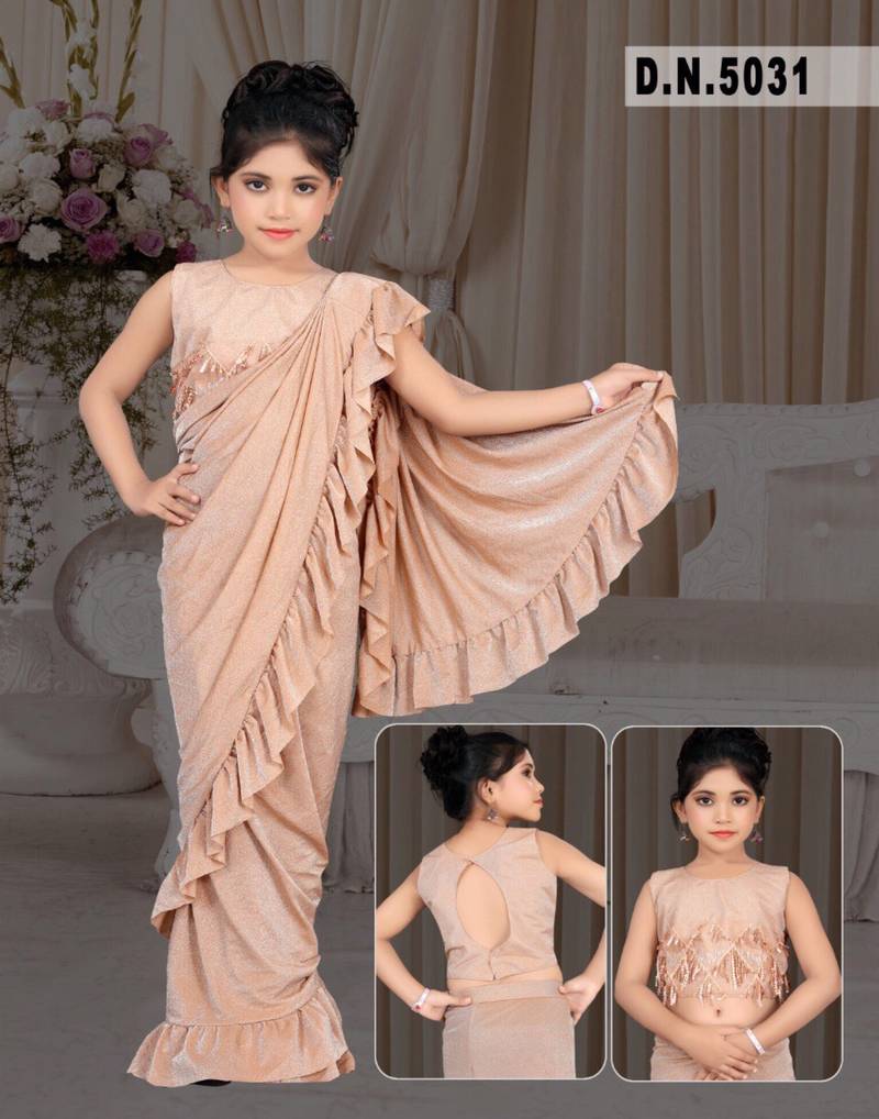 Kid's Ready to wear fawn colored Saree for girls with Sequin work stitched blouse