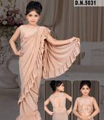 Kid's Ready to wear fawn colored Saree for girls with Sequin work stitched blouse