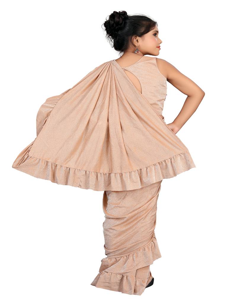 Kid's Ready to wear fawn colored Saree for girls with Sequin work stitched blouse