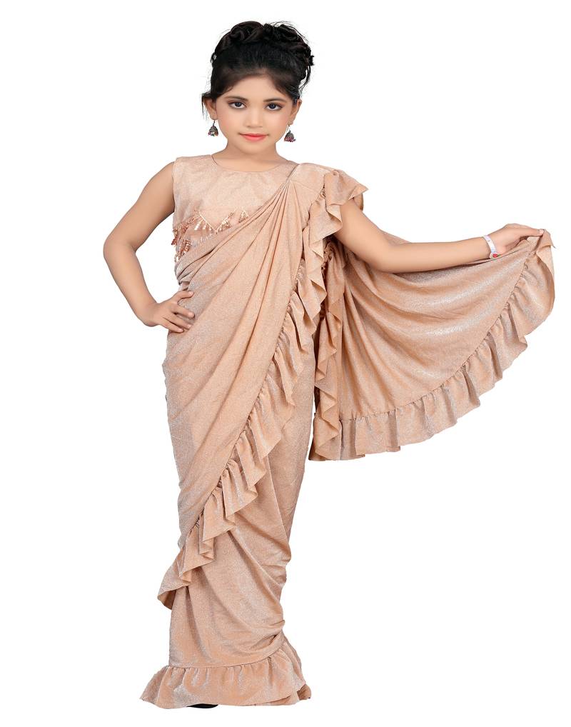 Kid's Ready to wear fawn colored Saree for girls with Sequin work stitched blouse