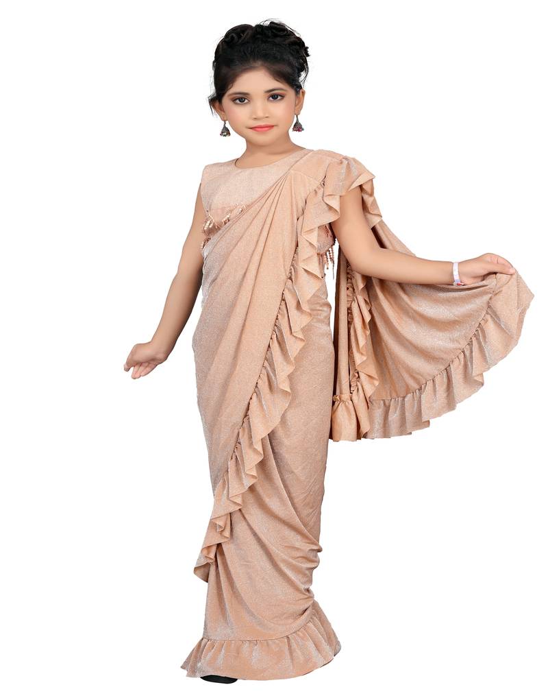 Kid's Ready to wear fawn colored Saree for girls with Sequin work stitched blouse