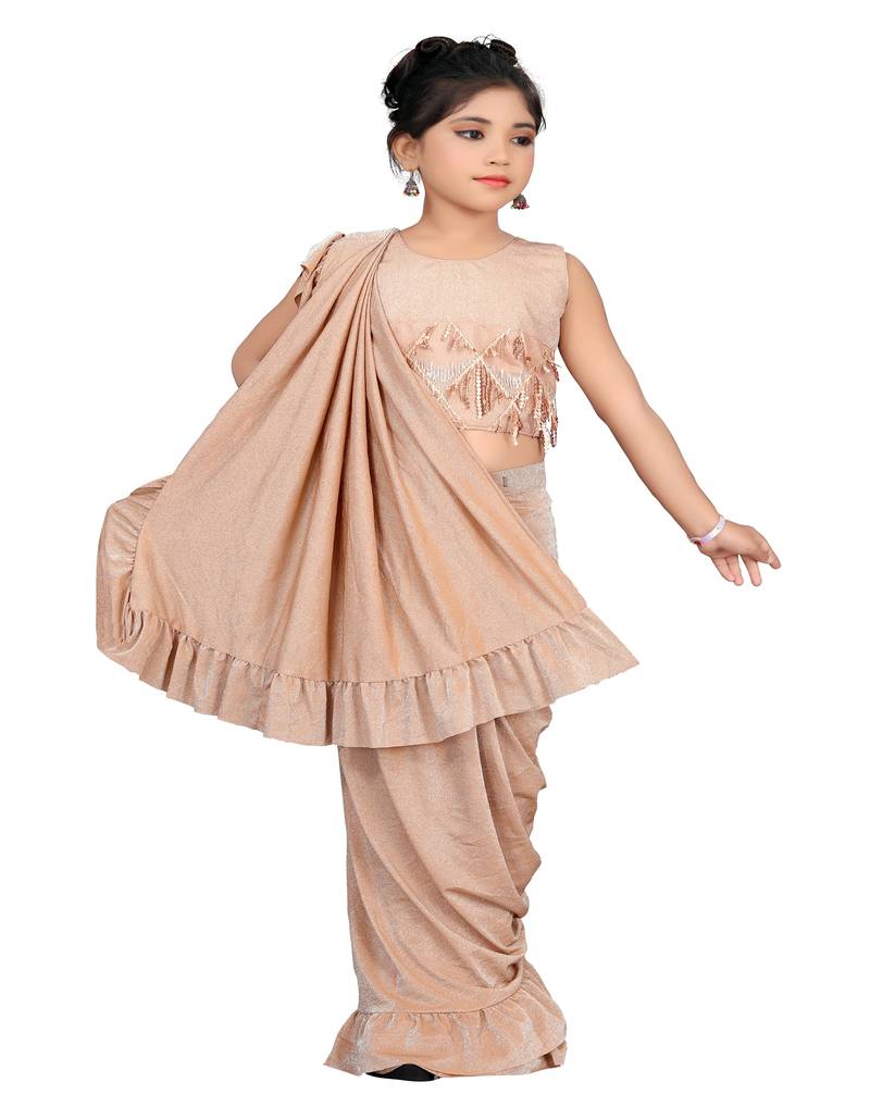 Kid's Ready to wear fawn colored Saree for girls with Sequin work stitched blouse