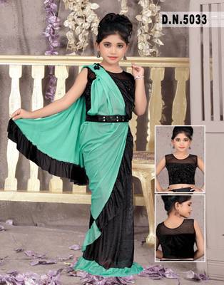 Kid's Ready to wear light aqua blue colored Saree for girls with Diamond work stitched blouse with Fancy Belt 2