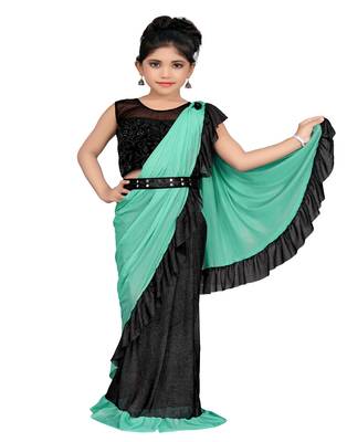 Kid's Ready to wear light aqua blue colored Saree for girls with Diamond work stitched blouse with Fancy Belt 1