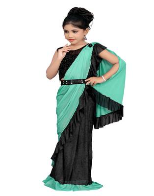 Kid's Ready to wear light aqua blue colored Saree for girls with Diamond work stitched blouse with Fancy Belt 4
