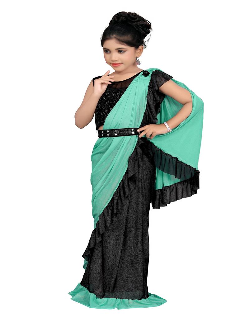 Kid's Ready to wear light aqua blue colored Saree for girls with Diamond work stitched blouse with Fancy Belt