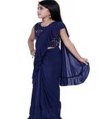 Kid's Ready to wear dark blue colored Saree for girls with Sequin work stitched blouse