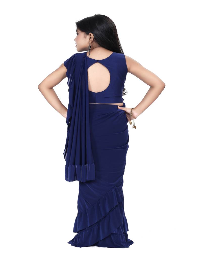 Kid's Ready to wear dark blue colored Saree for girls with Sequin work stitched blouse