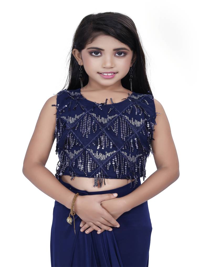 Kid's Ready to wear dark blue colored Saree for girls with Sequin work stitched blouse