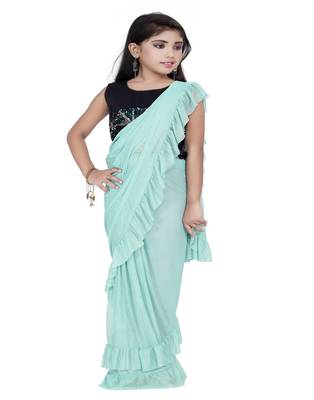 Kid's Ready to wear light blue colored Saree for girls with Sequin work stitched blouse 1