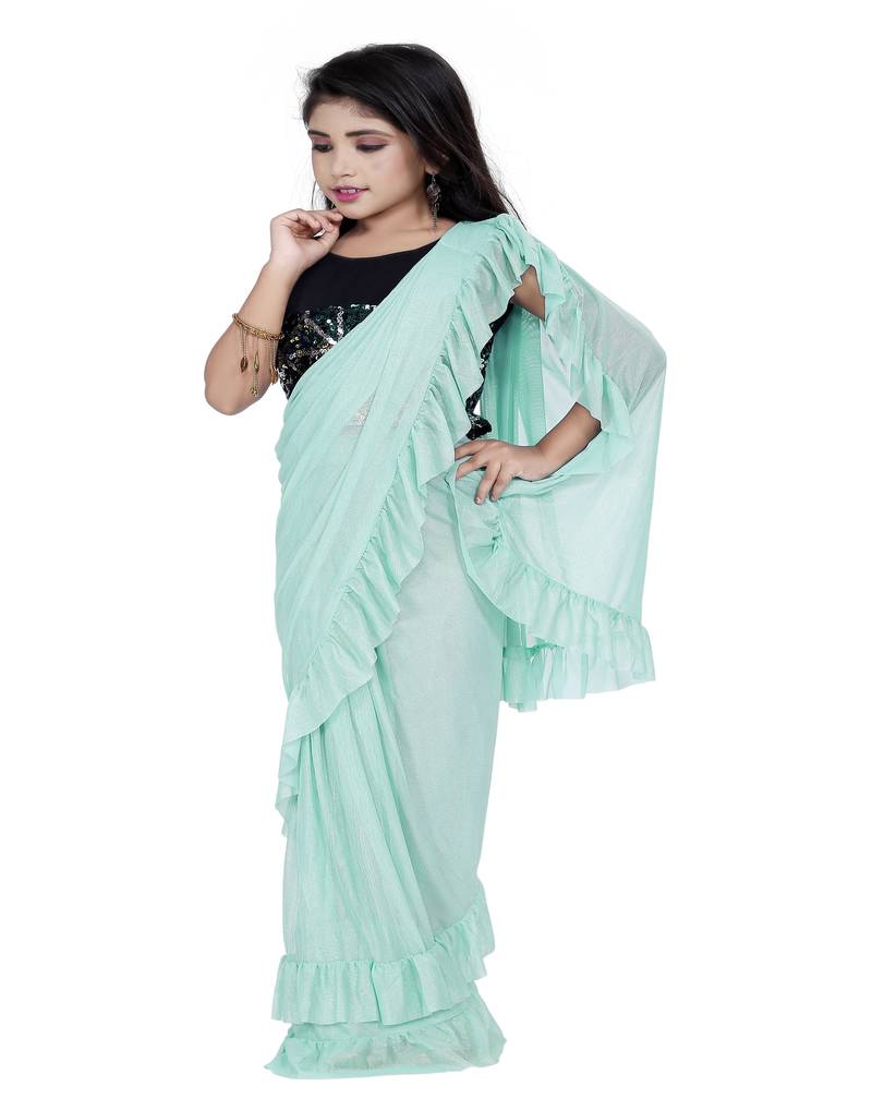 Kid's Ready to wear light blue colored Saree for girls with Sequin work stitched blouse