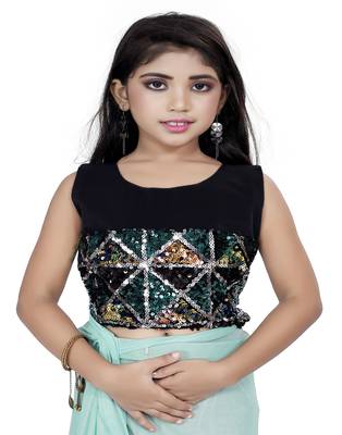 Kid's Ready to wear light blue colored Saree for girls with Sequin work stitched blouse 4