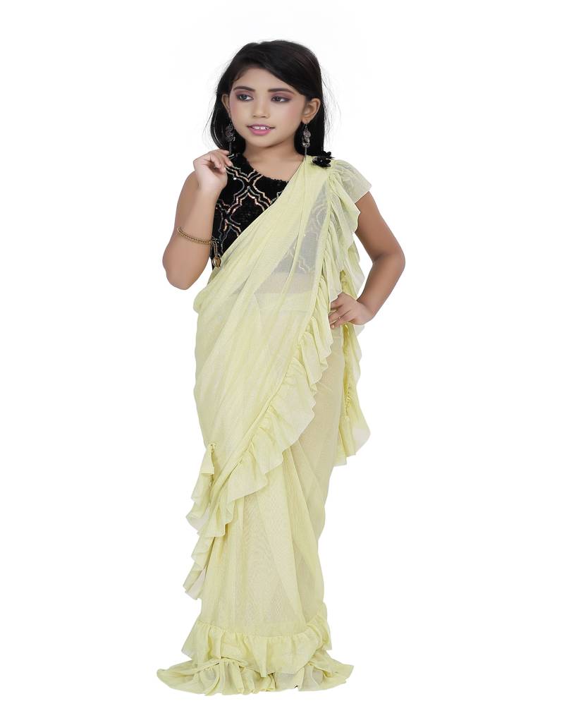 Kid's Ready to wear lemon colored Saree for girls with Sequin work