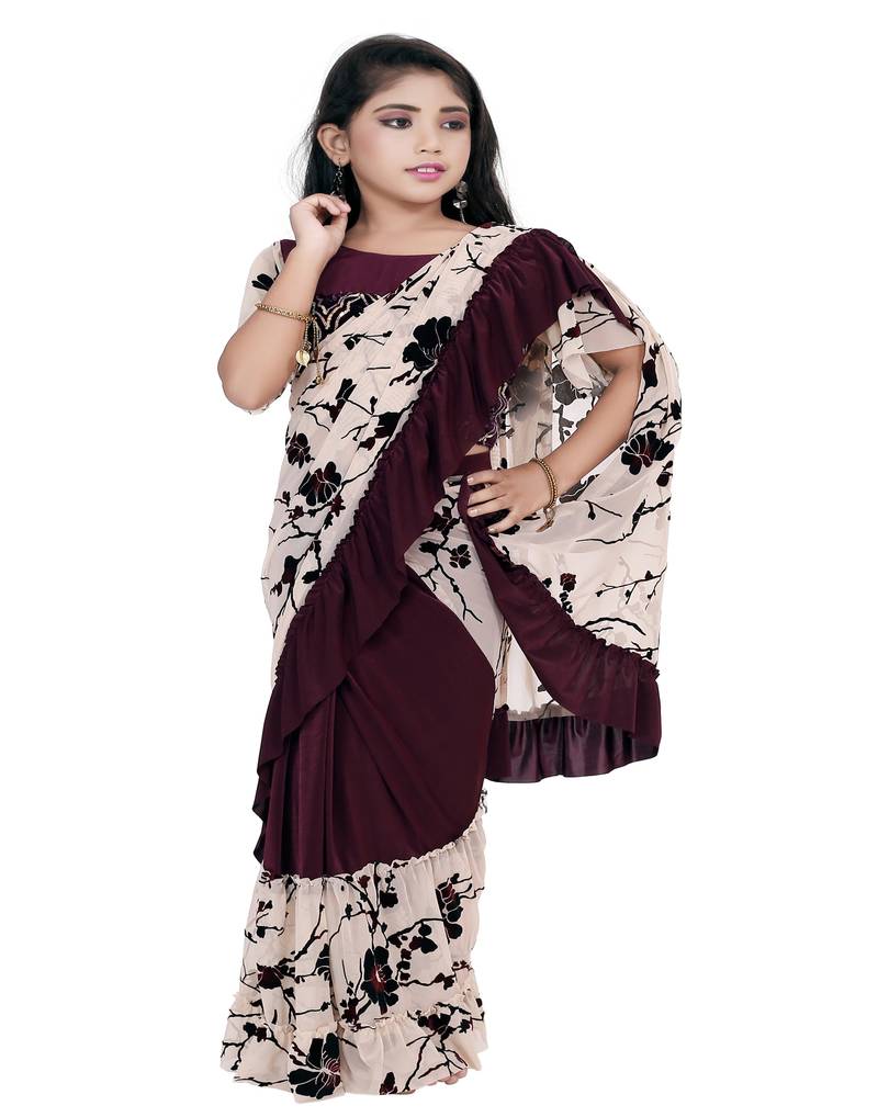 Kid's Ready to wear dark purple colored Saree for girls with Sequin work stitched blouse