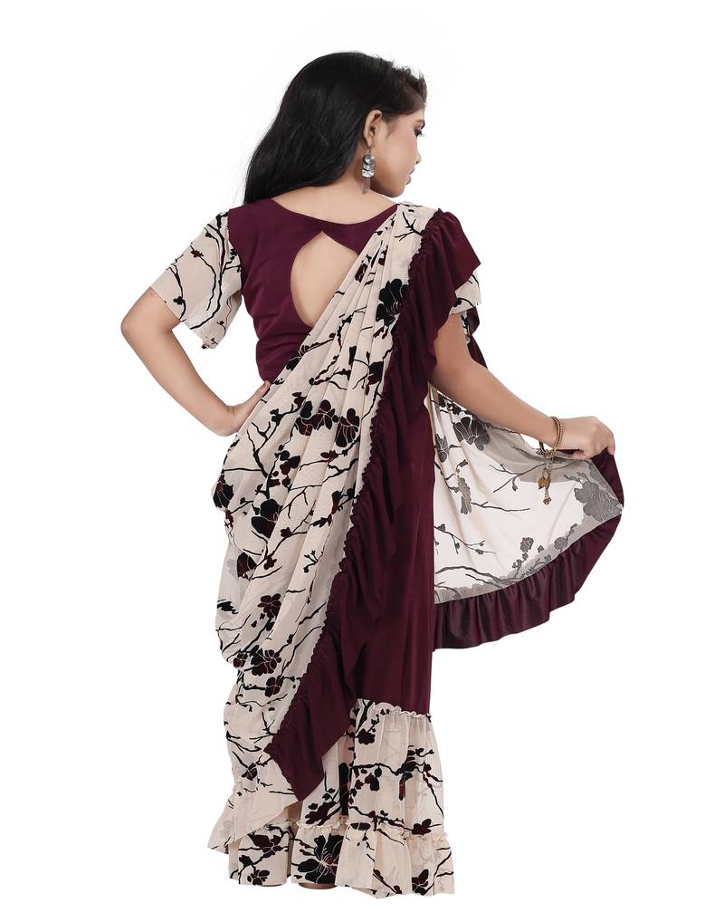 Kid's Ready to wear dark purple colored Saree for girls with Sequin work stitched blouse