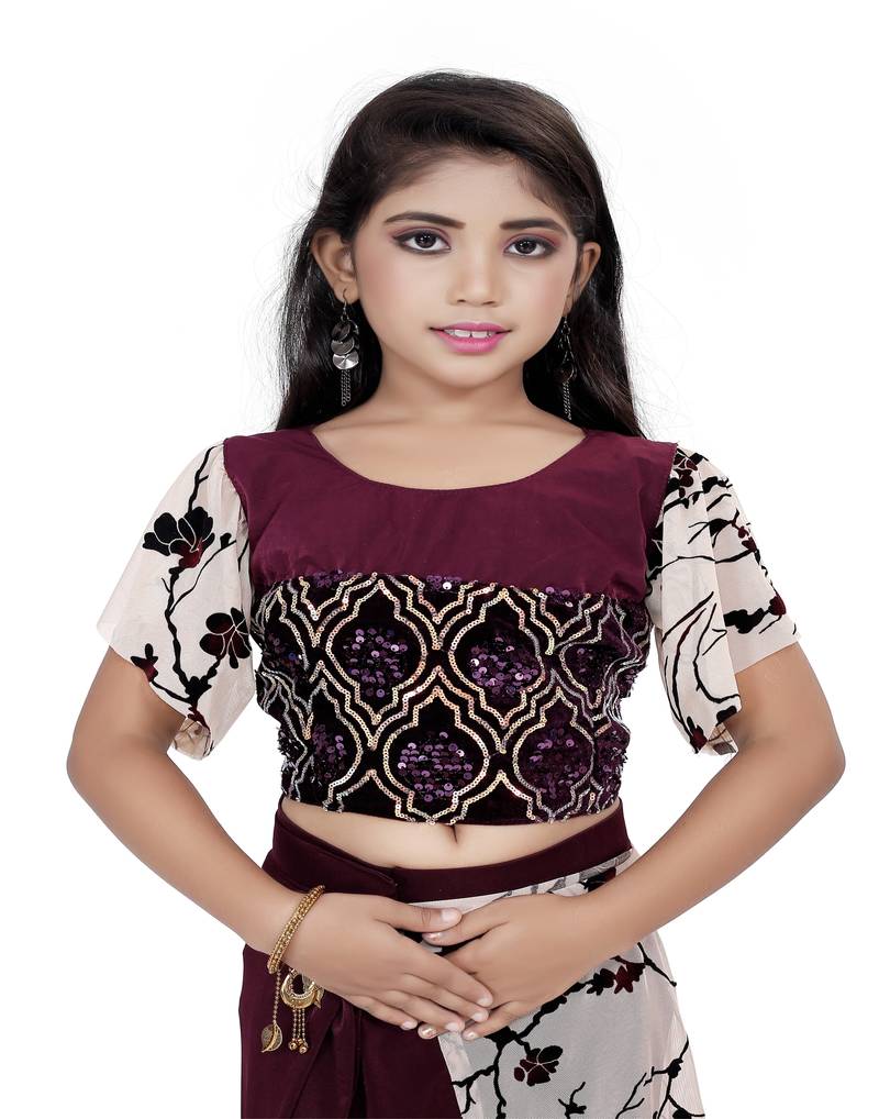 Kid's Ready to wear dark purple colored Saree for girls with Sequin work stitched blouse