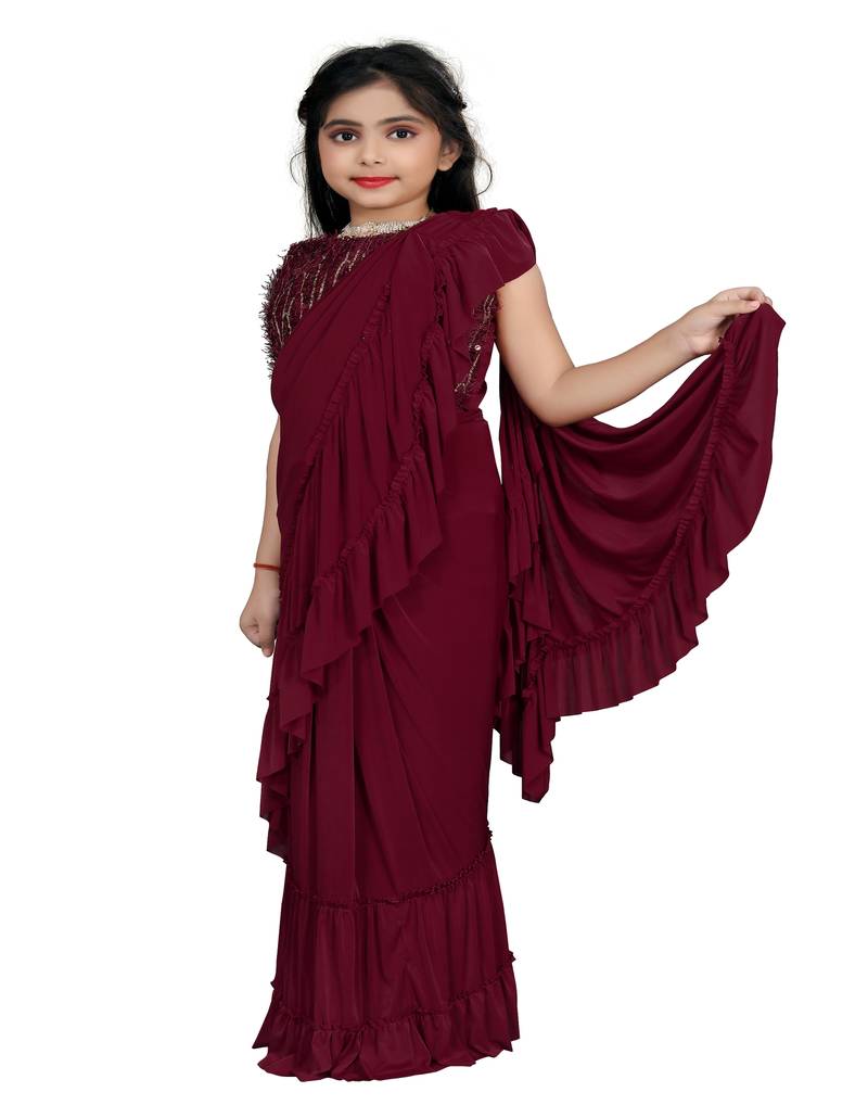 Kid's Ready to wear maroon colored Saree for girls with Sequin work, Brasso stitched blouse