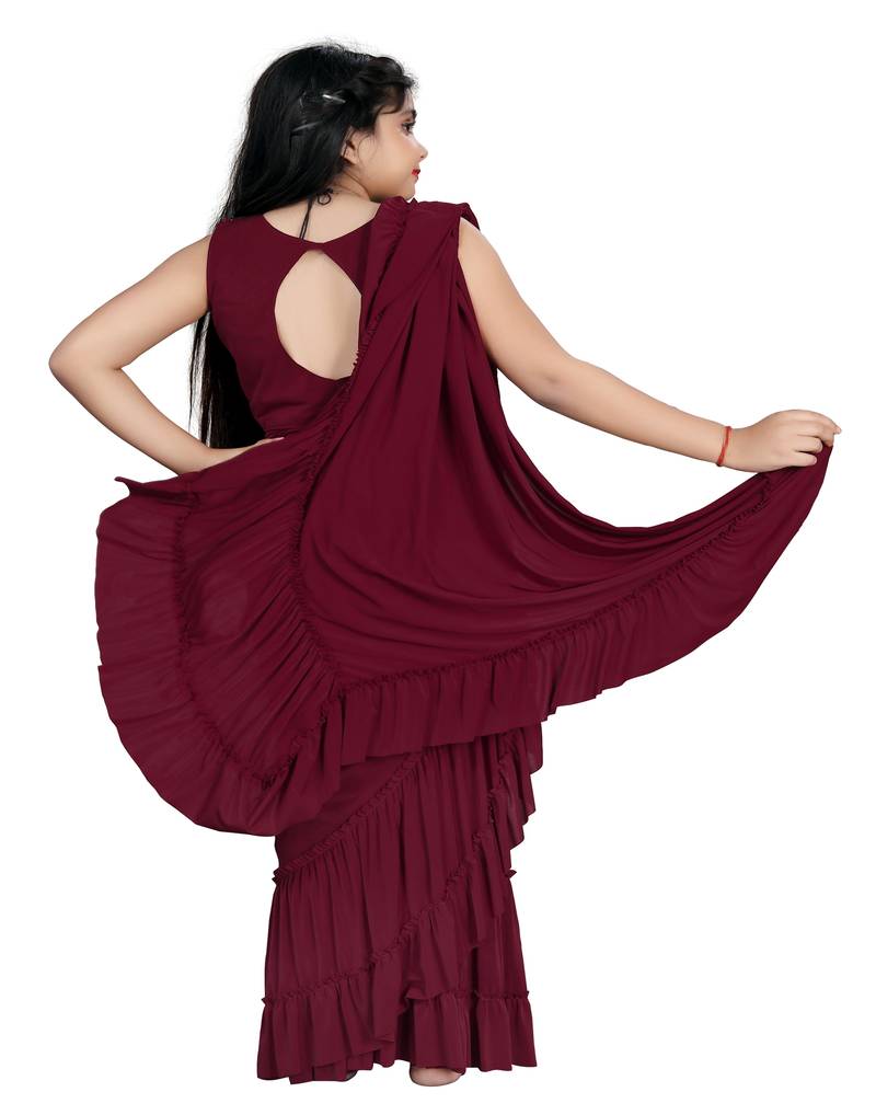 Kid's Ready to wear maroon colored Saree for girls with Sequin work, Brasso stitched blouse