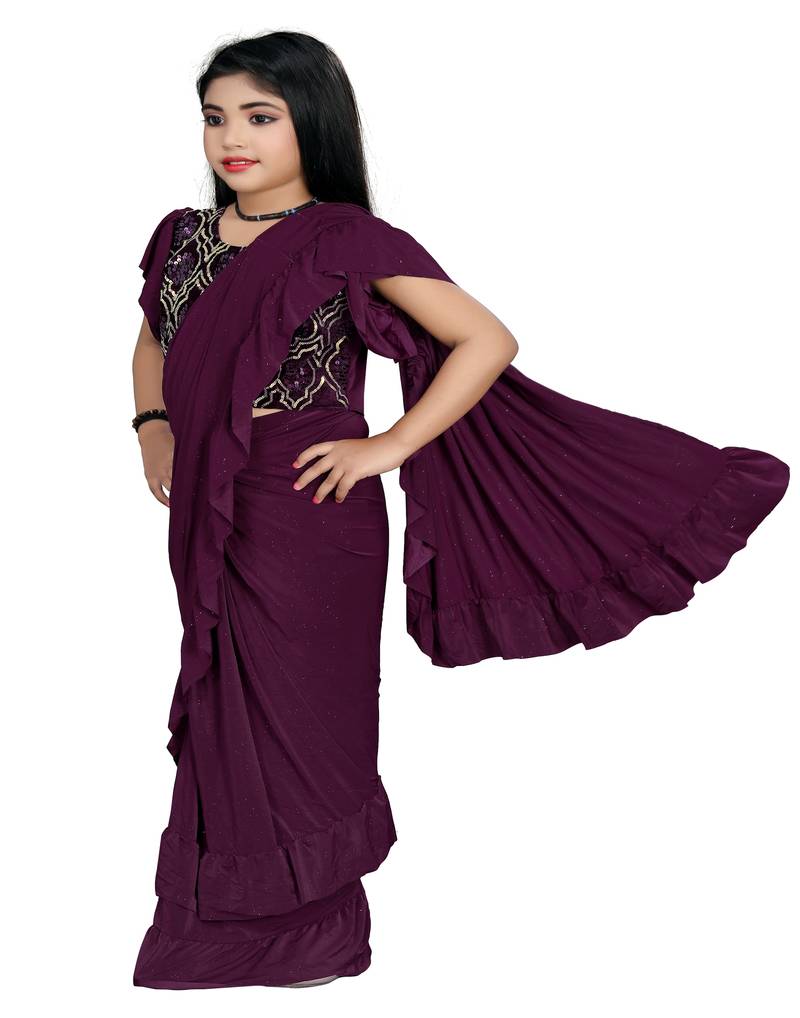 Kid's Ready to wear magenta colored Saree for girls with Sequin work stitched blouse