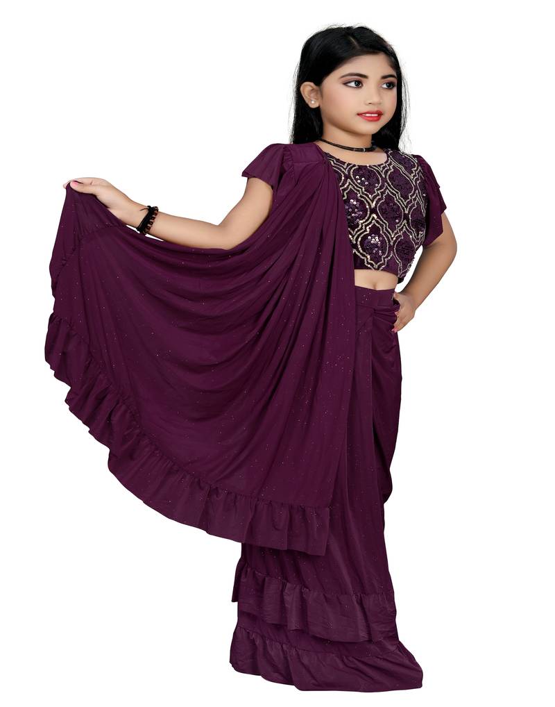 Kid's Ready to wear magenta colored Saree for girls with Sequin work stitched blouse