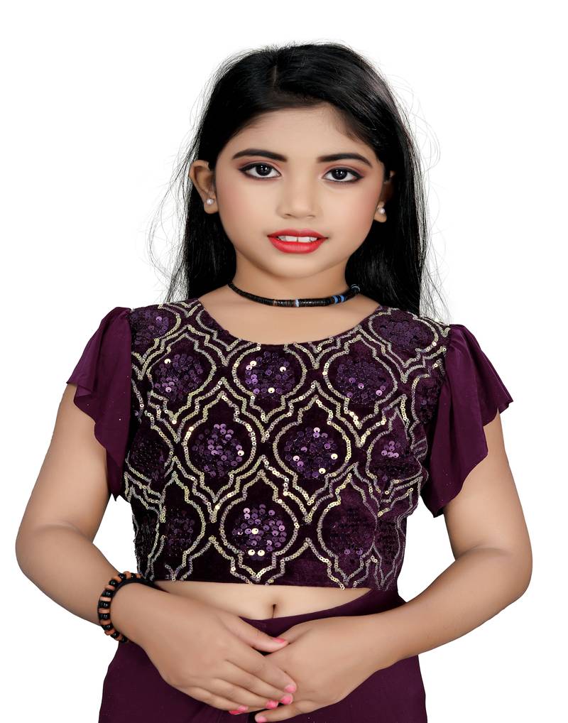 Kid's Ready to wear magenta colored Saree for girls with Sequin work stitched blouse