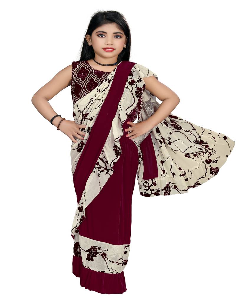 Kid's Ready to wear light maroon colored Saree for girls with Sequin work stitched blouse