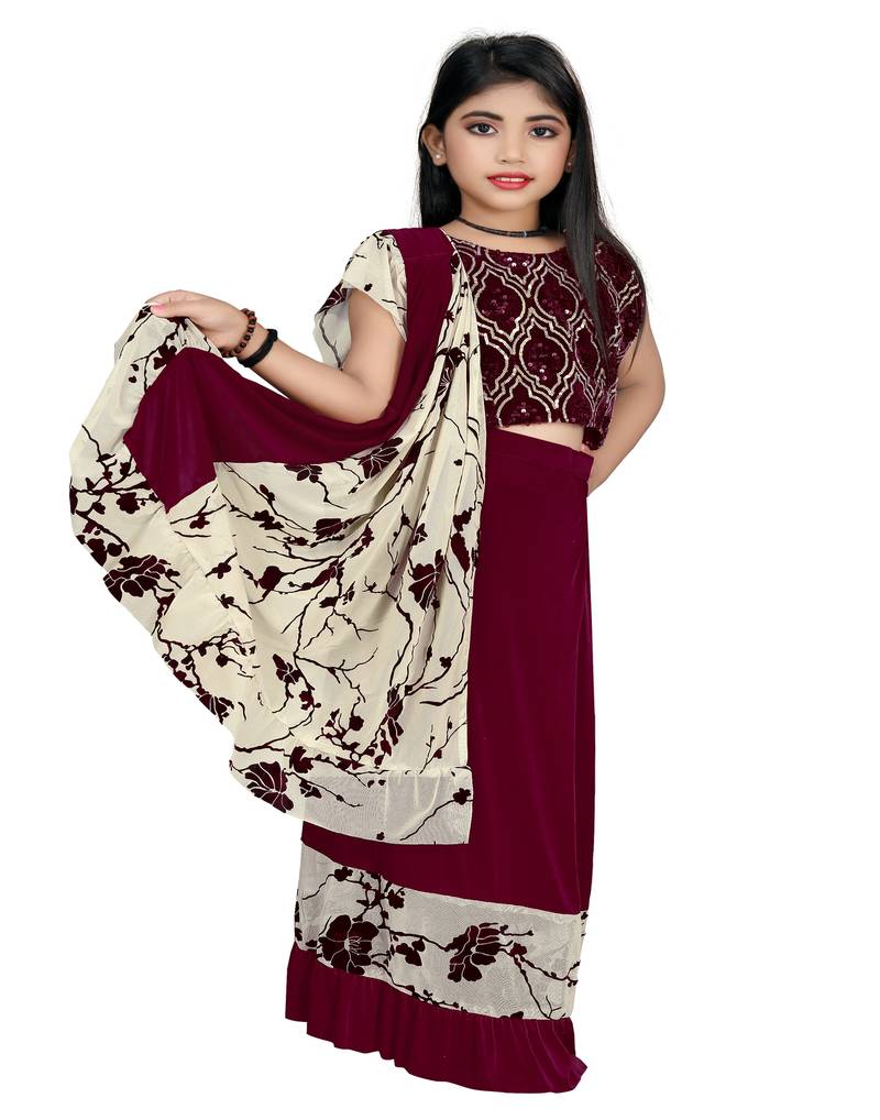 Kid's Ready to wear light maroon colored Saree for girls with Sequin work stitched blouse