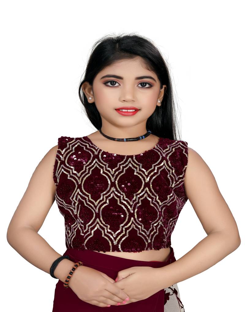 Kid's Ready to wear light maroon colored Saree for girls with Sequin work stitched blouse