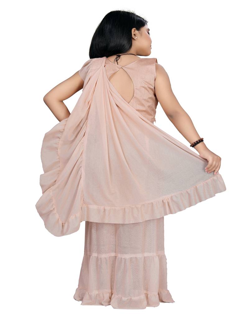 Kid's Ready to wear light peach colored Saree for girls with Sequin work stitched blouse
