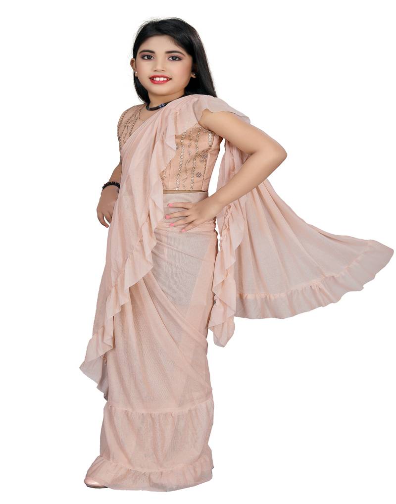 Kid's Ready to wear light peach colored Saree for girls with Sequin work stitched blouse