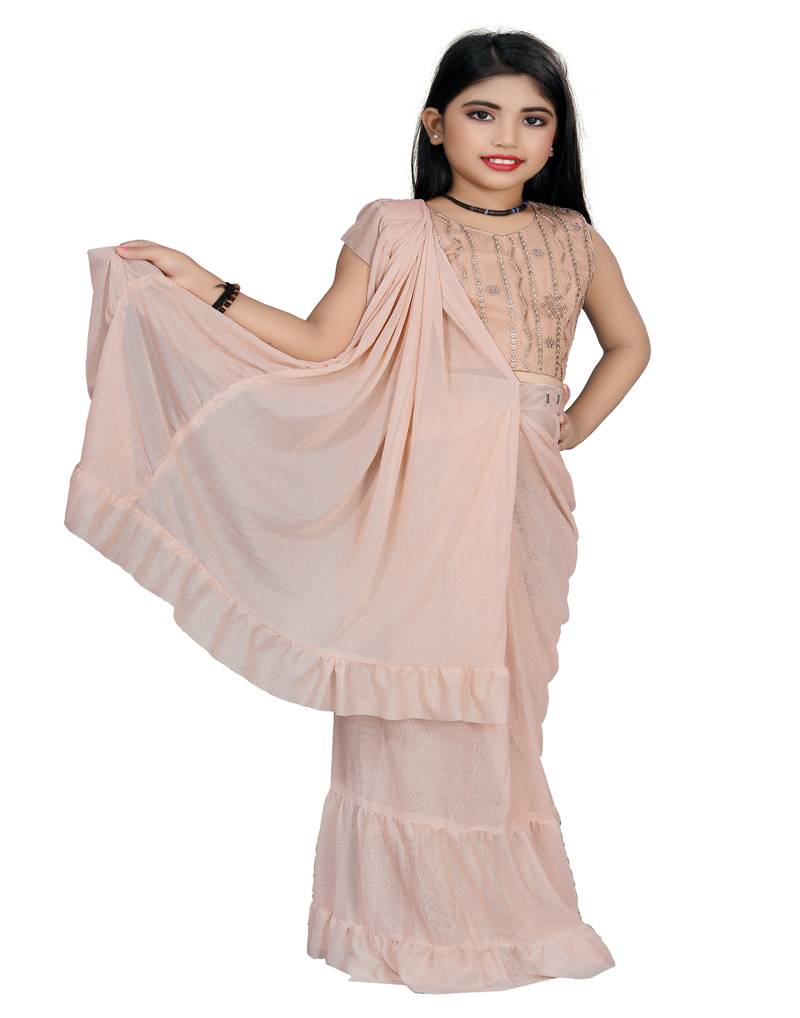 Kid's Ready to wear light peach colored Saree for girls with Sequin work stitched blouse